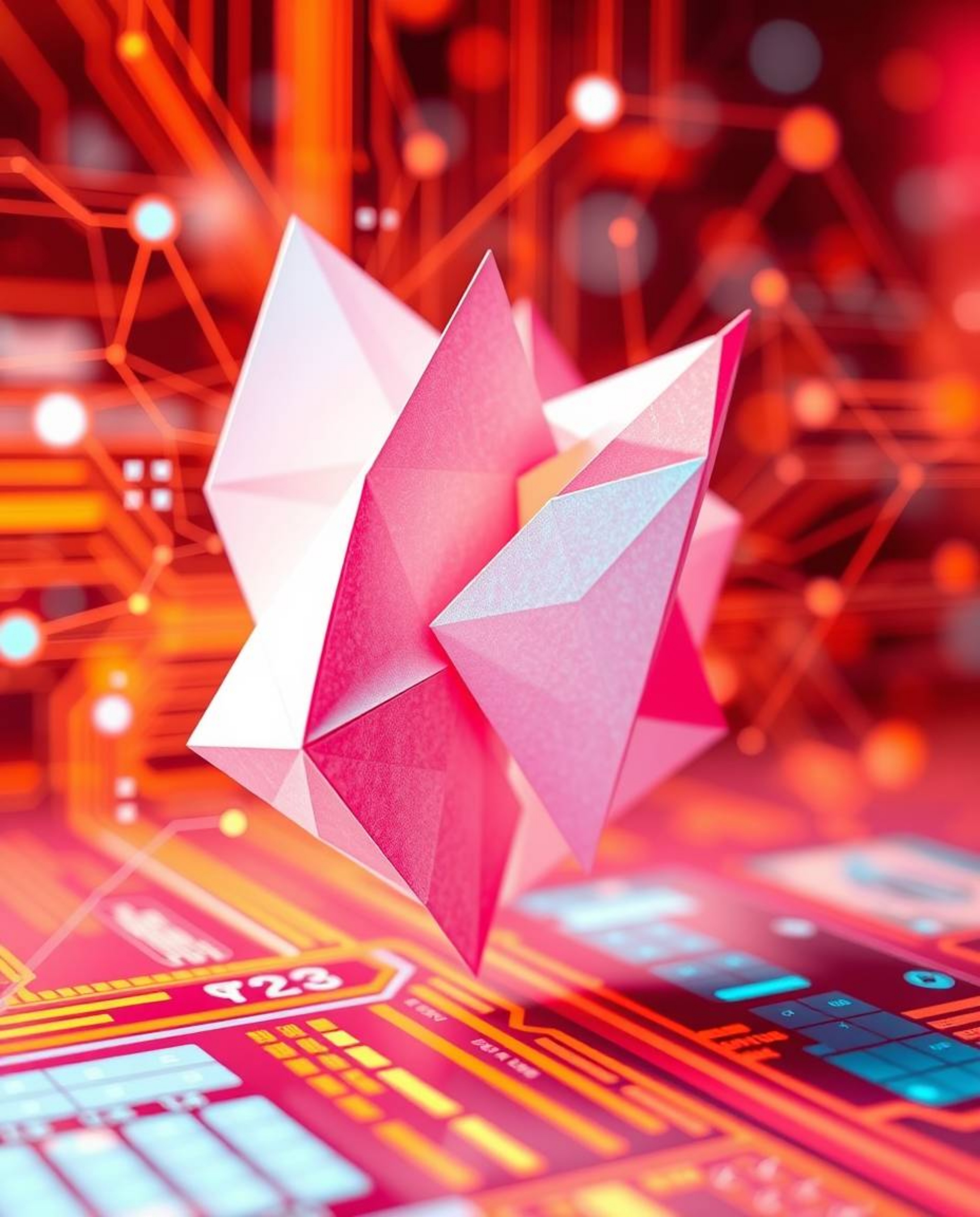 A dynamic and intricate origami-style image showcases a futuristic digital interface, blending geometric patterns and a holog