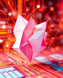 A dynamic and intricate origami-style image showcases a futuristic digital interface, blending geometric patterns and a holog