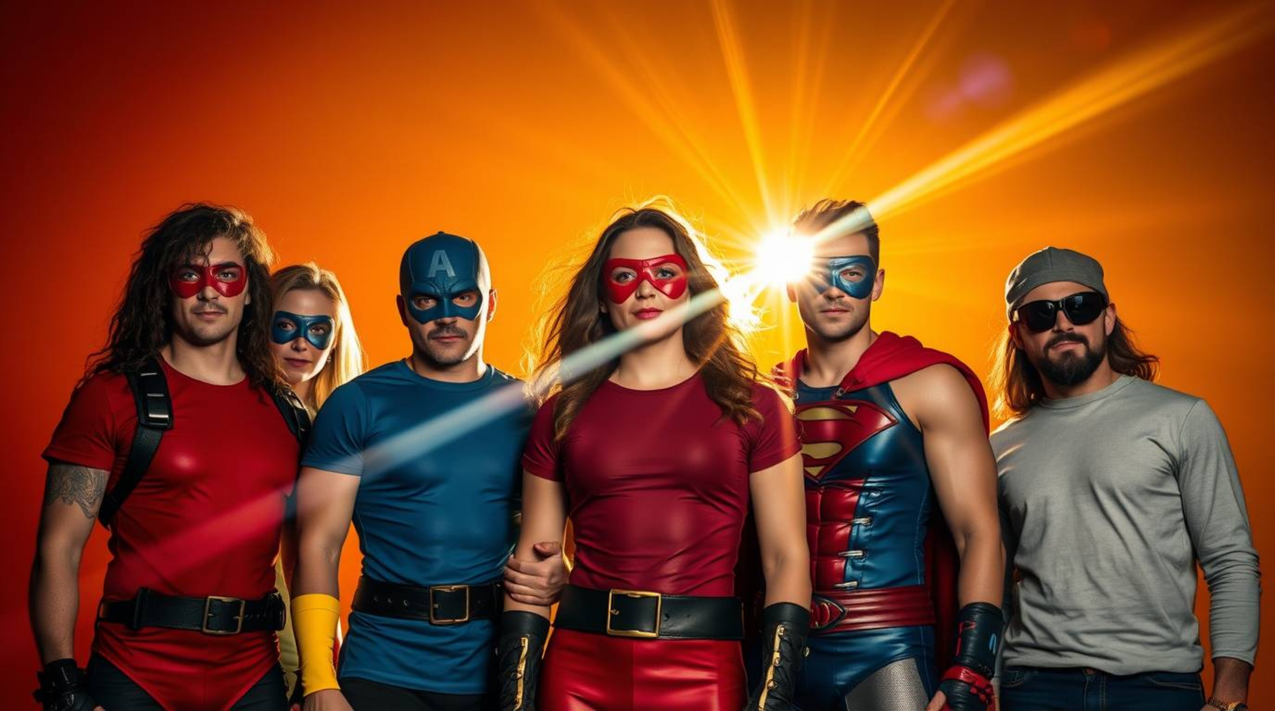 A captivating photograph showcases a team of misfit heroes, dynamically composed with bright lens flares and vibrant, complem