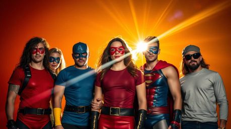 A captivating photograph showcases a team of misfit heroes, dynamically composed with bright lens flares and vibrant, complem