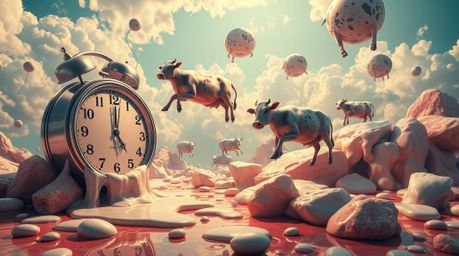 Experience a surreal dreamscape featuring melting clocks and floating cows, brought to life with bright vibrant colors and a 