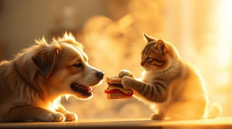 Experience a dreamy atmosphere bathed in the warm, golden light of either sunrise or sunset, where a dog and a cat engage in 