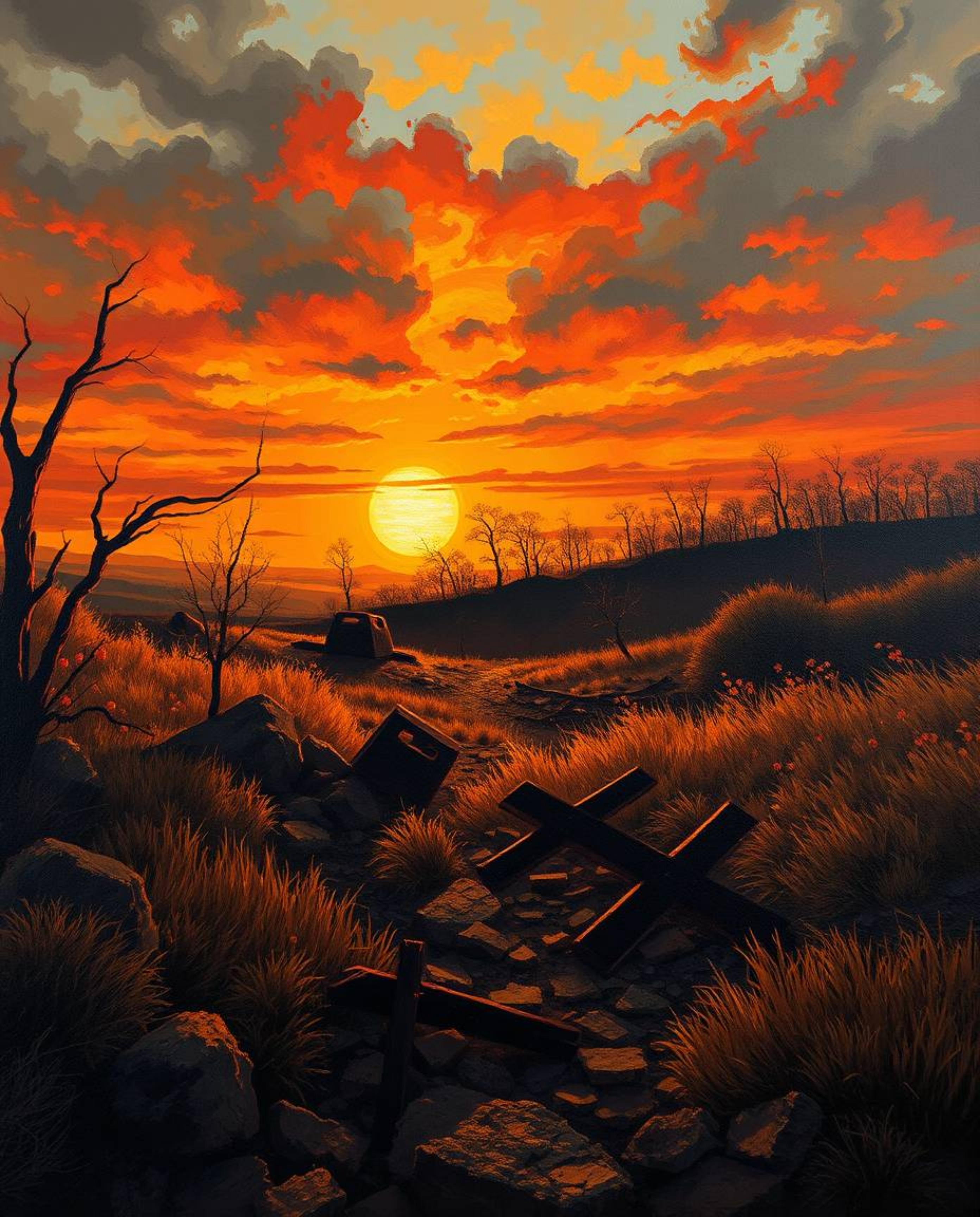 This striking acrylic painting depicts a sunrise over a war-torn landscape, rendered in warm autumn hues and employing chiaro