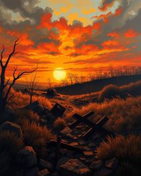 This striking acrylic painting depicts a sunrise over a war-torn landscape, rendered in warm autumn hues and employing chiaro