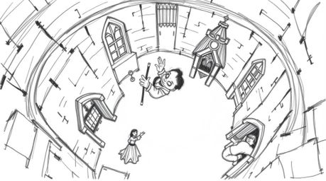 A captivating hand-drawn sketch showcases a classic Disney villain casting a spell within the walls of an ancient castle. Vi