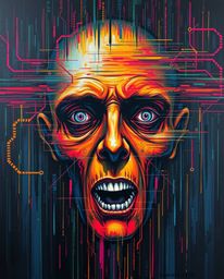 A bold acrylic painting captures a disturbing transformation: a human face dissolving into a vibrant data stream due to a dig
