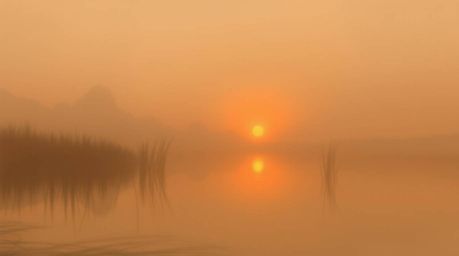 A dreamy digital painting capturing a serene sunset reflecting beautifully in a calm pond. The artwork utilizes natural earth