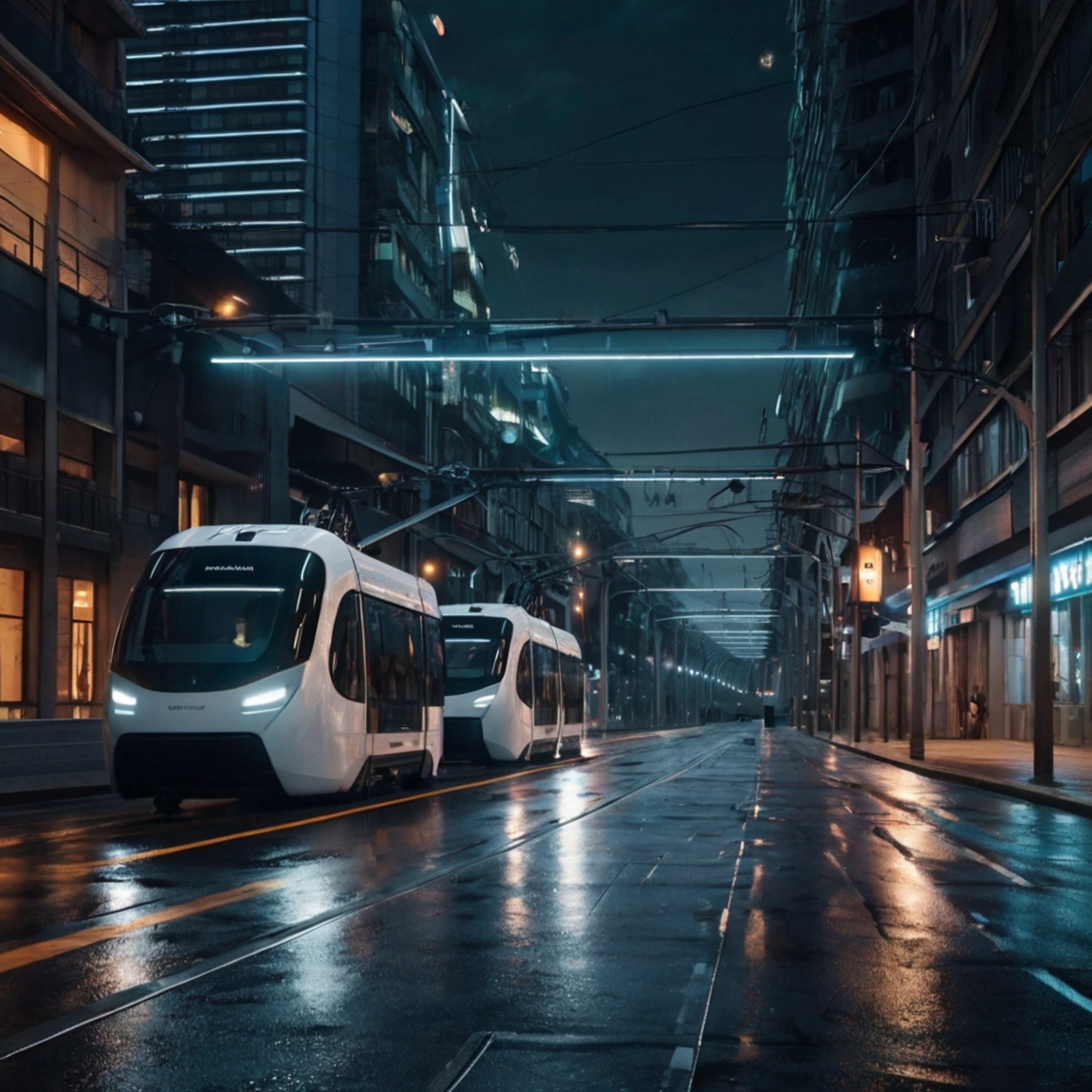 Imagine a futuristic urban street humming with innovation. Smart streetlights illuminate the path as autonomous delivery dron