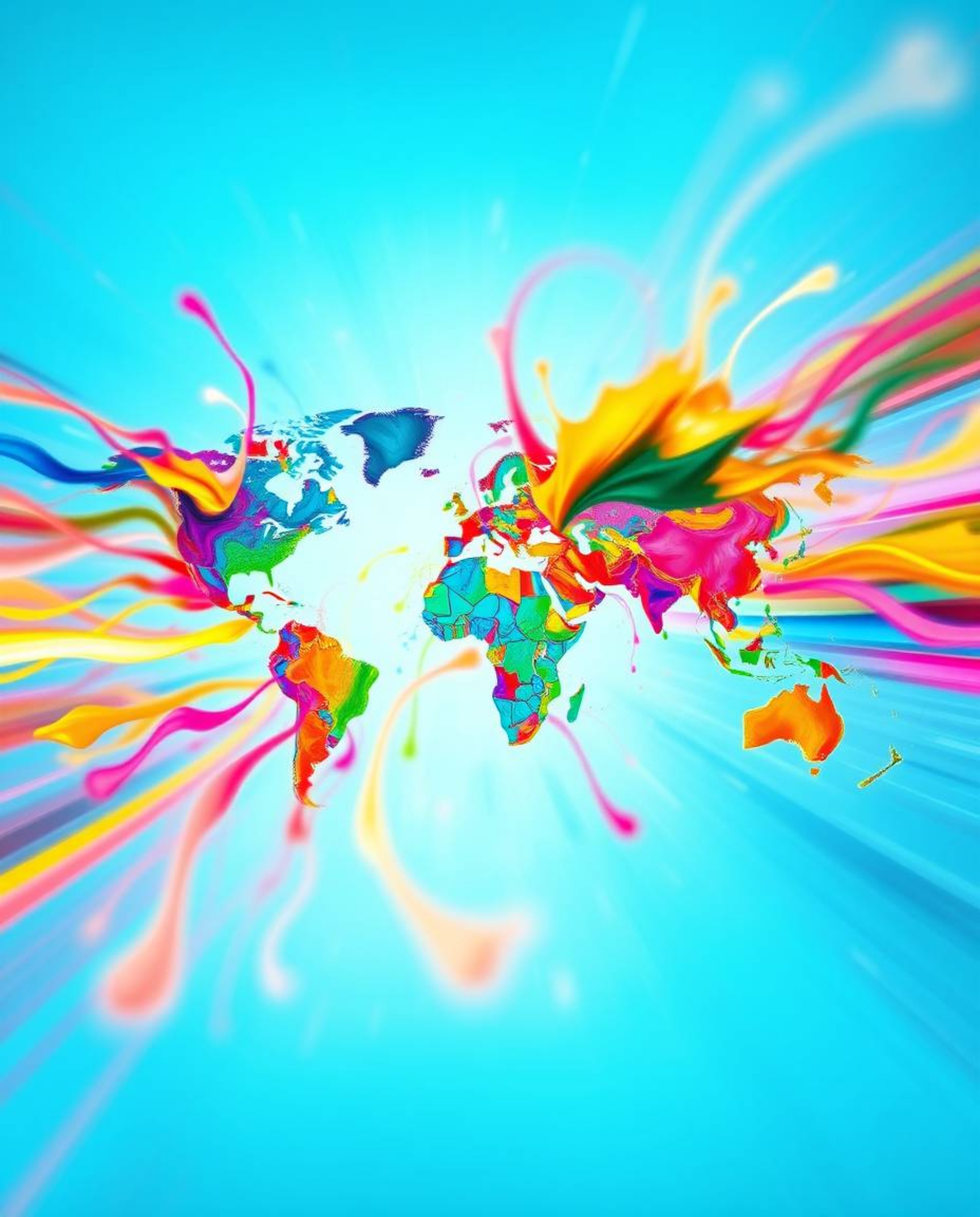 This artwork features a dynamic motion scene with bright and colorful splashes creatively forming a world map. The abstract c
