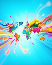 This artwork features a dynamic motion scene with bright and colorful splashes creatively forming a world map. The abstract c