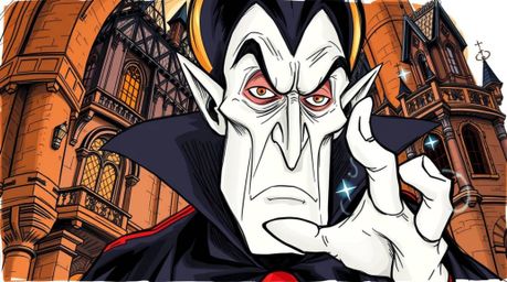 A close-up color sketchnote illustration showcases a classic Disney villain with sharp, angular features and pale skin, engro