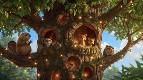 A highly detailed, commercially viable, high-resolution stock photo of a busy beaver constructing the ultimate treehouse for 