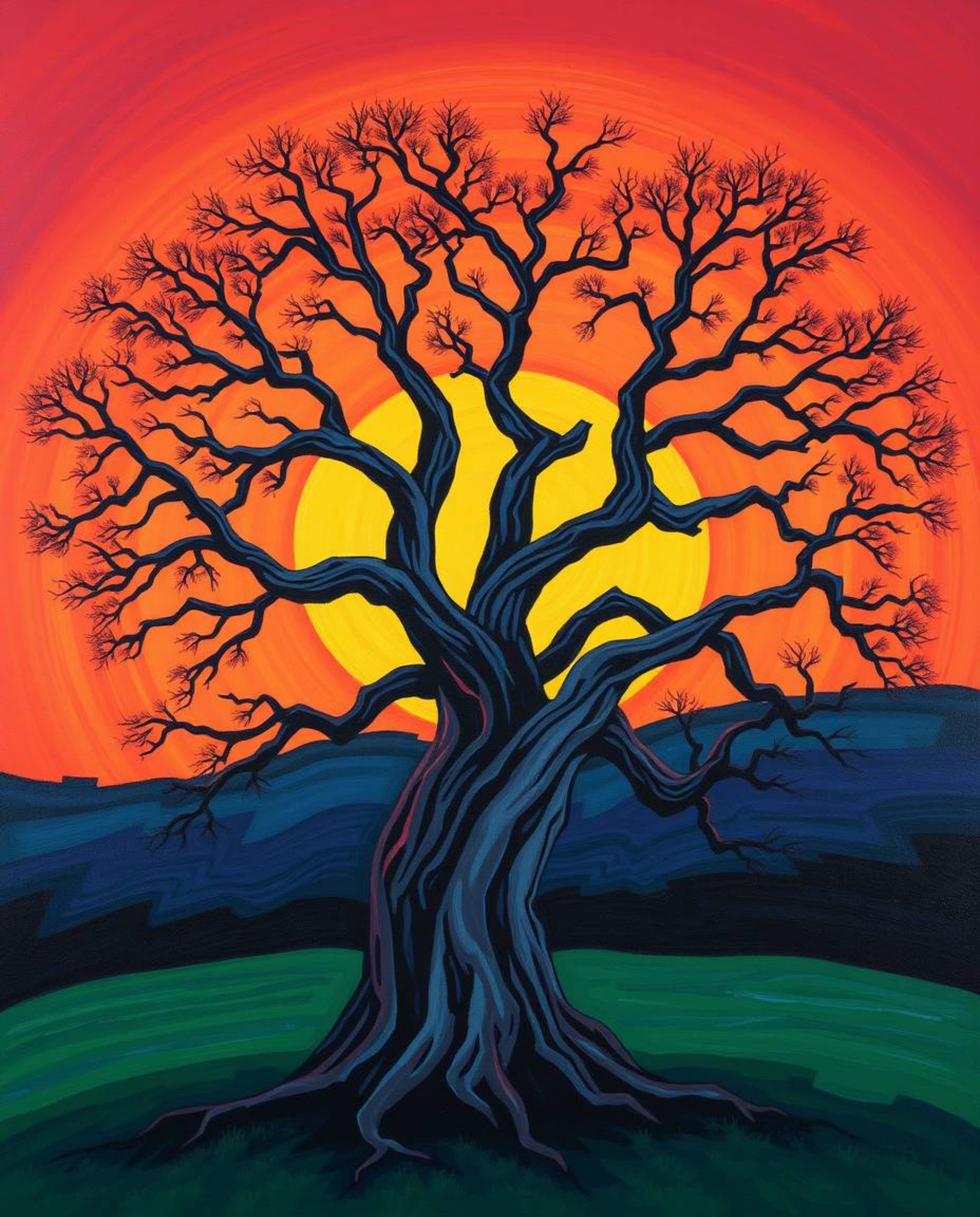 A bold acrylic painting captures the beauty of a sunset behind an old oak tree with twisted branches. This artwork is disting
