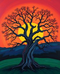 A bold acrylic painting captures the beauty of a sunset behind an old oak tree with twisted branches. This artwork is disting