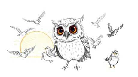 A charming hand-drawn sketch in the style of Pixar depicts a wise, blind owl with soft, feathery textures leading a diverse c