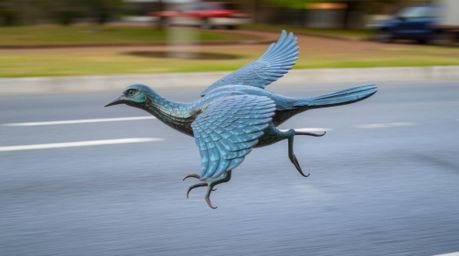 An antique patina-finished bronze sculpture captures the dynamic energy of a fast-running bird zooming past traffic. The low-