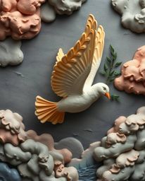 A stunning piece of sculptural clay art depicts a dove carrying an olive branch amidst stormy skies.  The artwork is characte