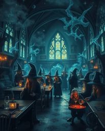 Explore a dreamlike, surreal magical school teeming with young wizards and unsettling details. This fantastical world feature