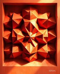 This artwork blends a 3D geometric pattern, reminiscent of folded paper, with the classic aesthetics of an oil painting. Rend