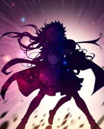Experience the breathtaking collision of galaxies in this Isekai anime-style artwork.  Silhouetted figures are dramatically b