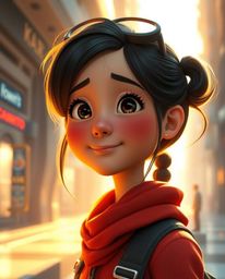 Capture the magic of a young inventor girl bathed in the warm golden hour light within a futuristic city. This Pixar-like sce