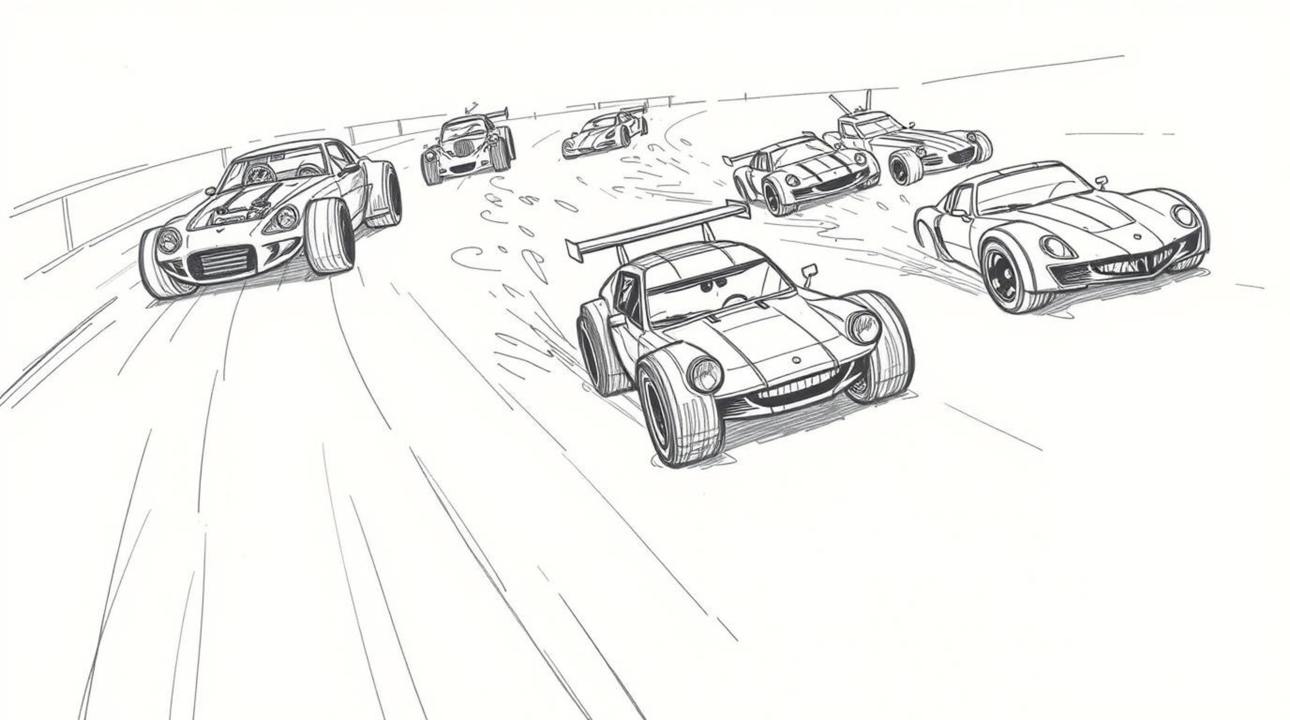A dynamic hand-drawn sketch showcases a wacky racing scene filled with outlandish cars, brought to life with rough lines and 