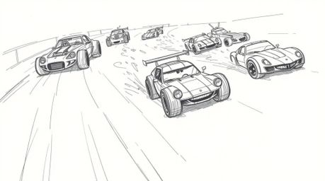 A dynamic hand-drawn sketch showcases a wacky racing scene filled with outlandish cars, brought to life with rough lines and 