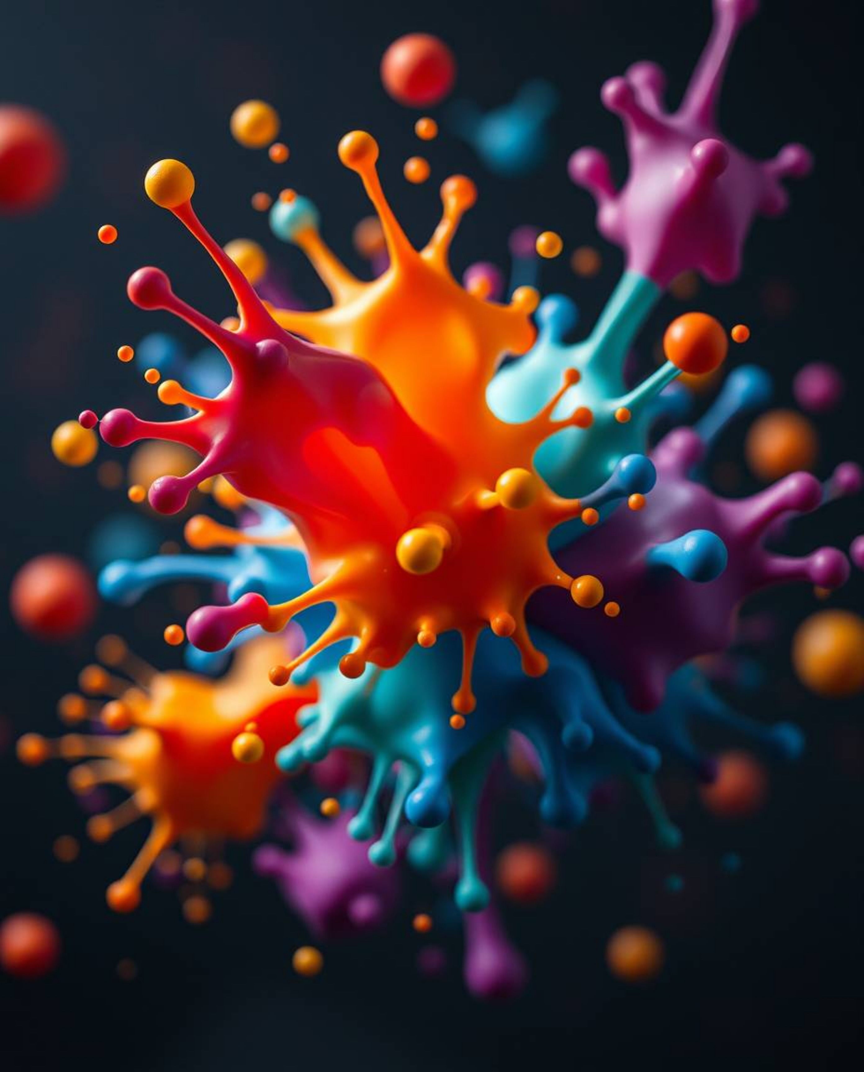 Explore a captivating collection of abstract 3D digital art featuring colorful splash shapes suspended in space. These surrea