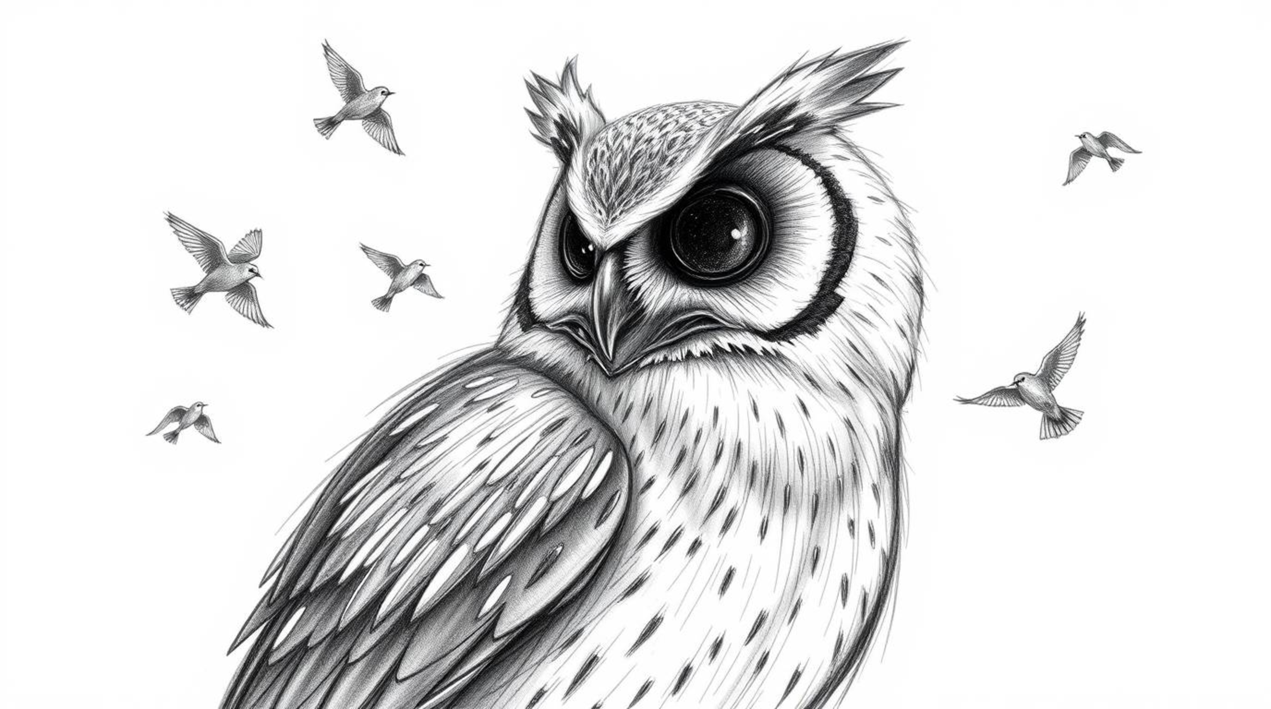 A captivating pencil sketch, inspired by Pixar's vibrant style, depicts a blind owl radiating gentle wisdom. The owl sits cal