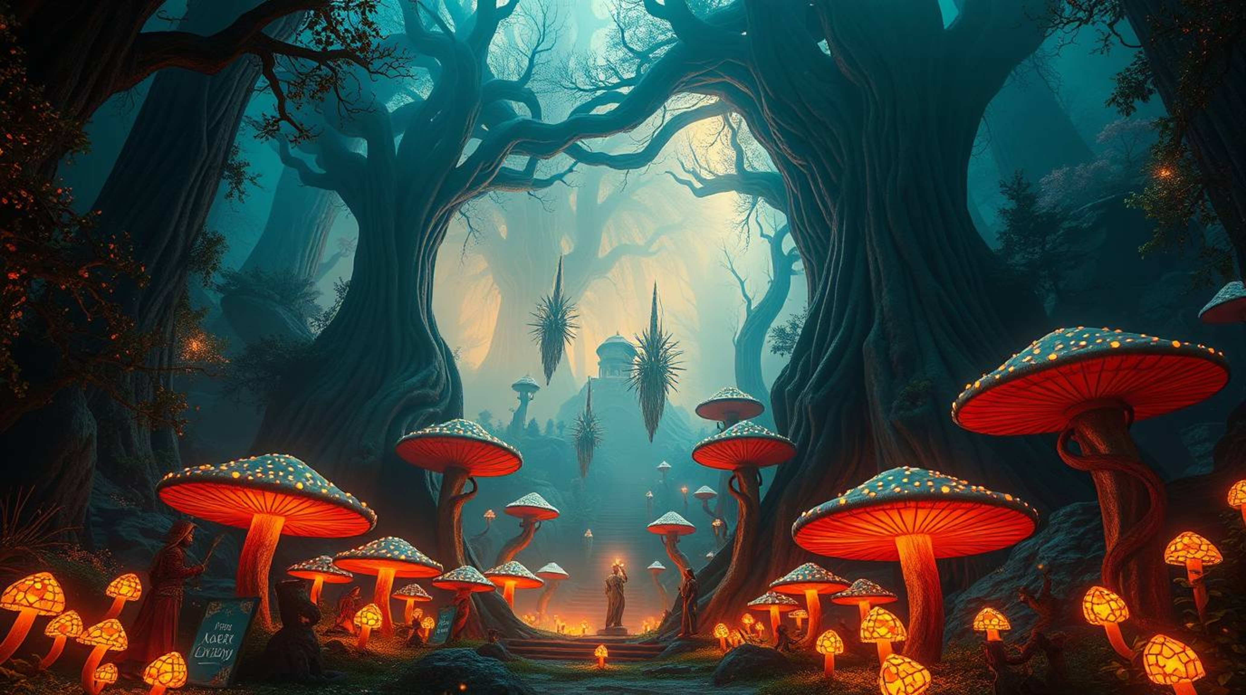 Immerse yourself in a grand, epic scene of a vintage-style enchanted forest.  Massive in scale, this artwork features glowing