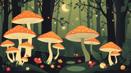 Explore a modern flat design interpretation of a vintage-style enchanted forest filled with glowing mushrooms. This image fea