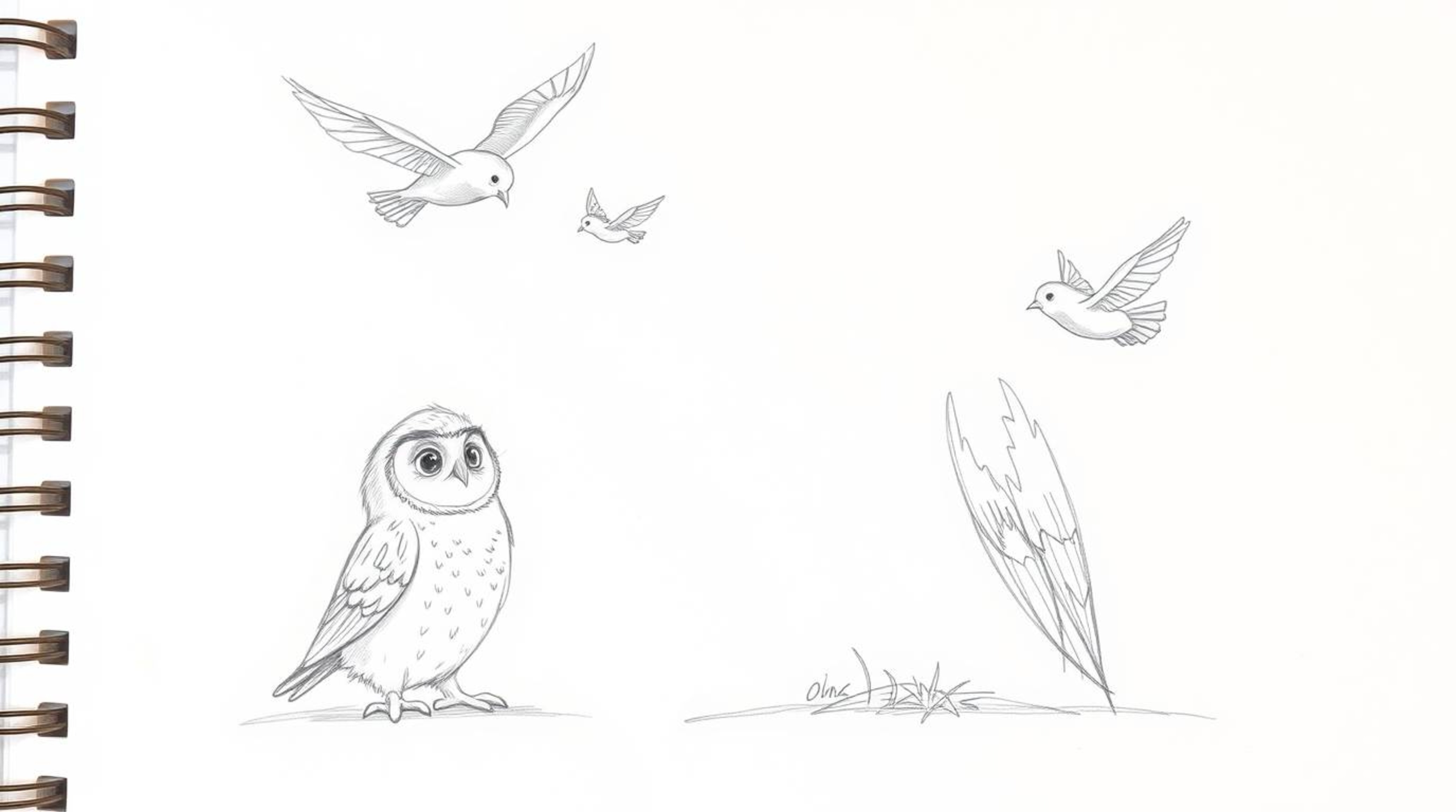 A heartwarming hand-drawn sketch in the style of Pixar depicts a blind owl with soft, expressive features calmly teaching you