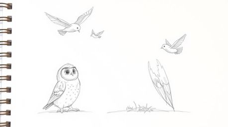 A heartwarming hand-drawn sketch in the style of Pixar depicts a blind owl with soft, expressive features calmly teaching you