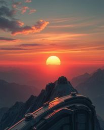 Witness a sunset from a high alpine peak as you've never seen it before, completely reimagined in a futuristic sci-fi style. 