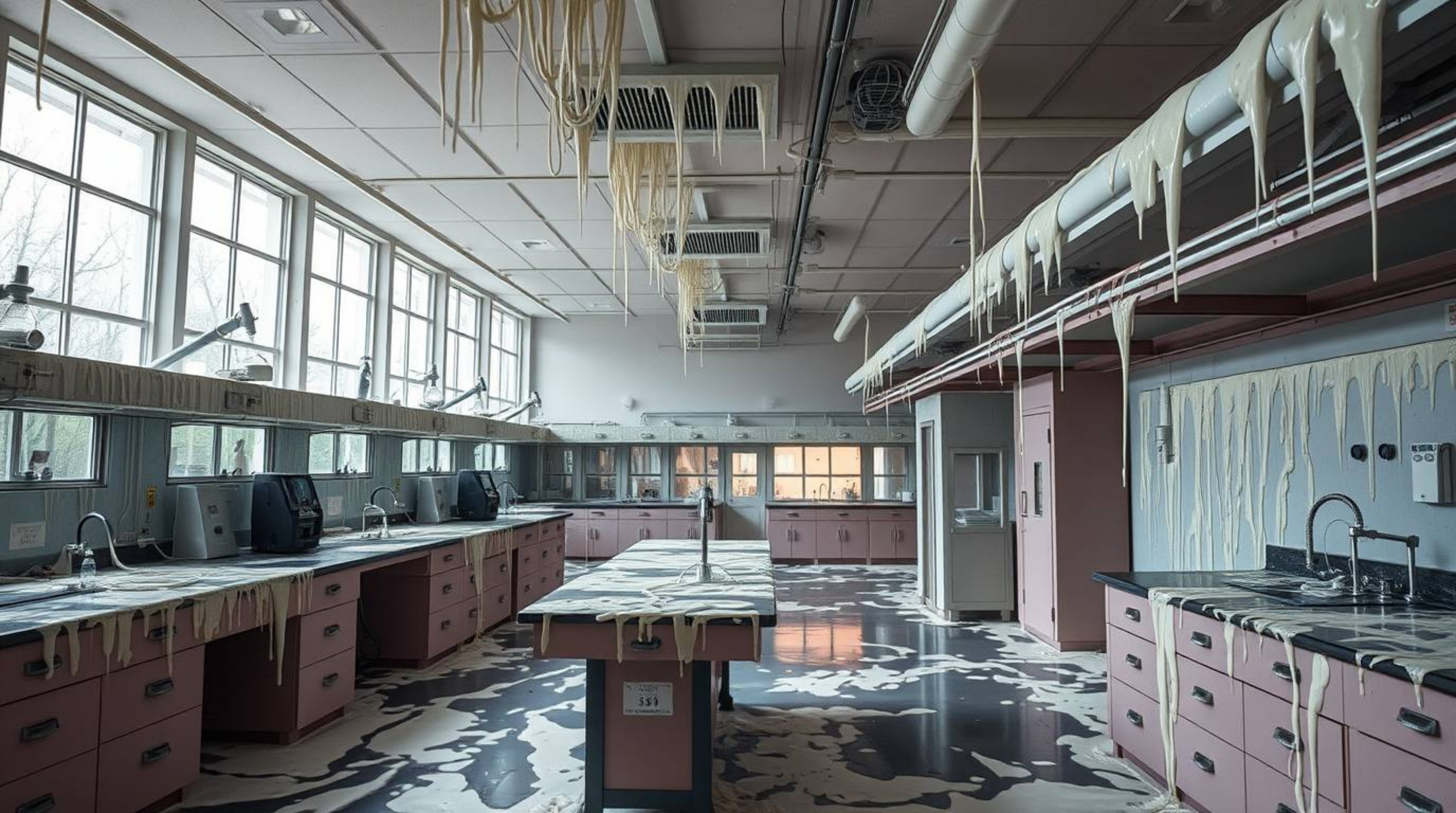 Explore a captivating architectural study of a slime-covered science lab, rendered with precision and an ethereal atmosphere.