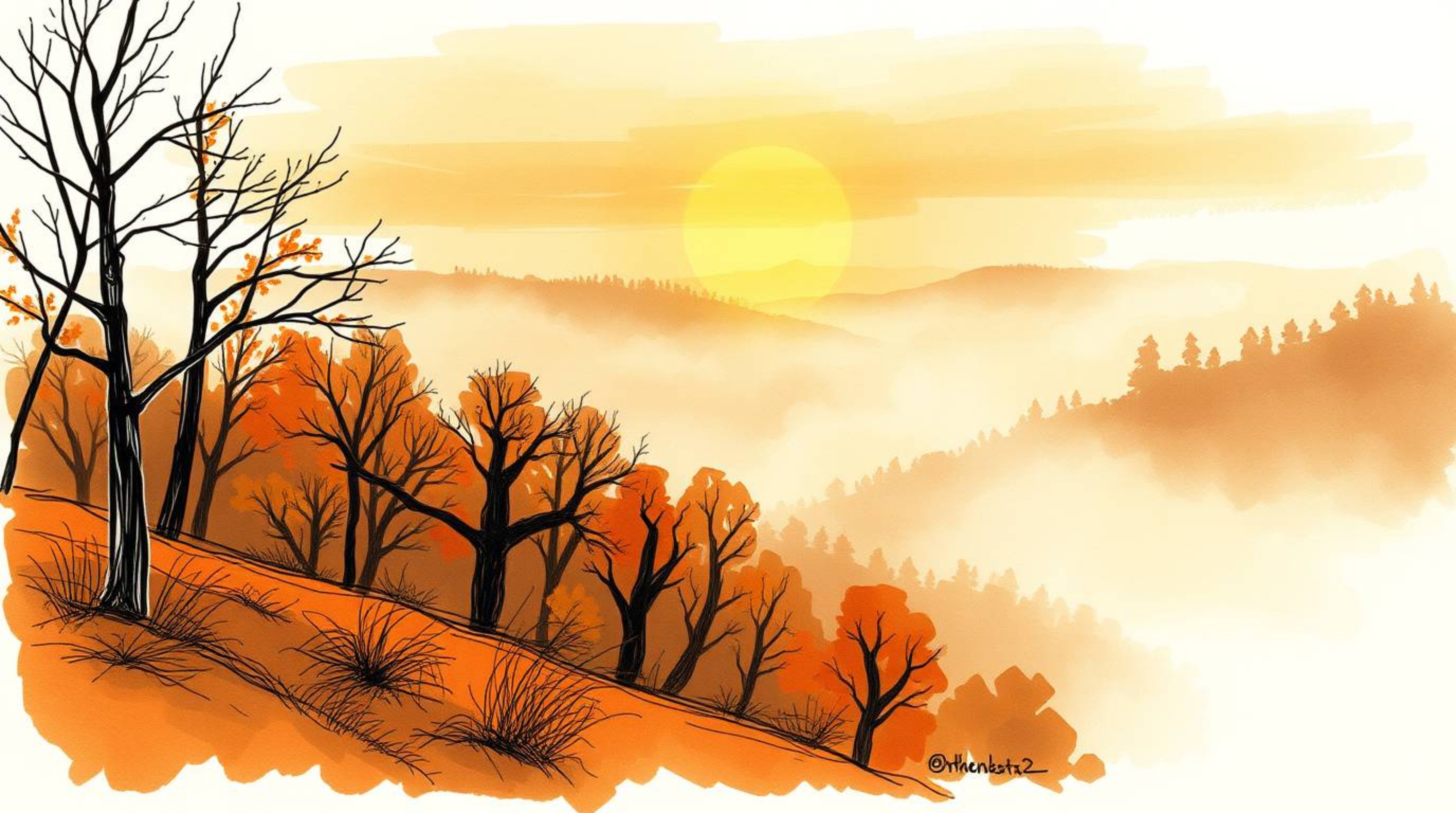 Capture the essence of a cozy autumn evening with this hand-drawn sketch. Imagine warm colors painting fog-covered hills as t