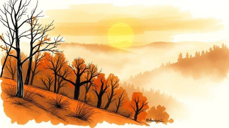Capture the essence of a cozy autumn evening with this hand-drawn sketch. Imagine warm colors painting fog-covered hills as t