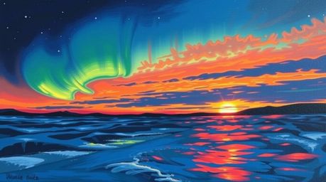 A captivating close-up of a bold acrylic painting depicting the mesmerizing Northern Lights beginning to appear over a vibran