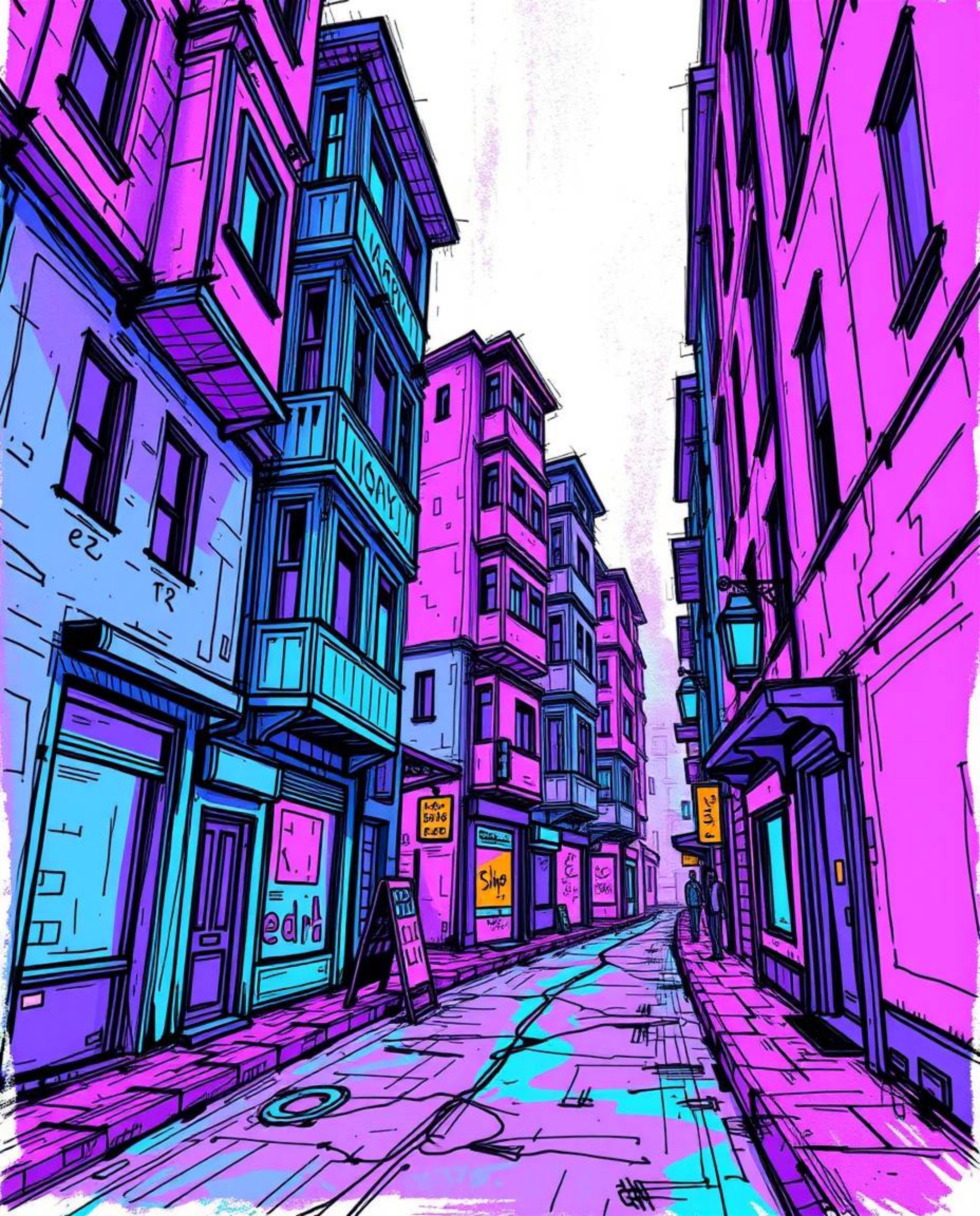 A captivating dynamic sketch depicting a surreal street scene.  Buildings fold and twist in impossible ways, bathed in deep u