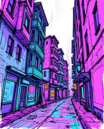 A captivating dynamic sketch depicting a surreal street scene.  Buildings fold and twist in impossible ways, bathed in deep u