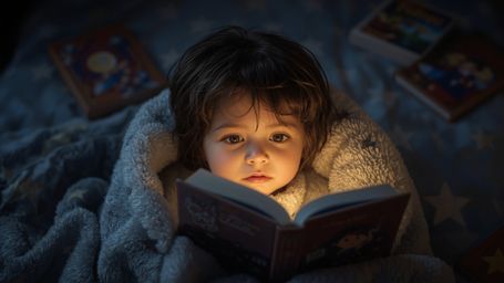 Step into a world of bedtime magic with this warmly lit, cinematic photograph, captured in a soft, filmic style reminiscent o