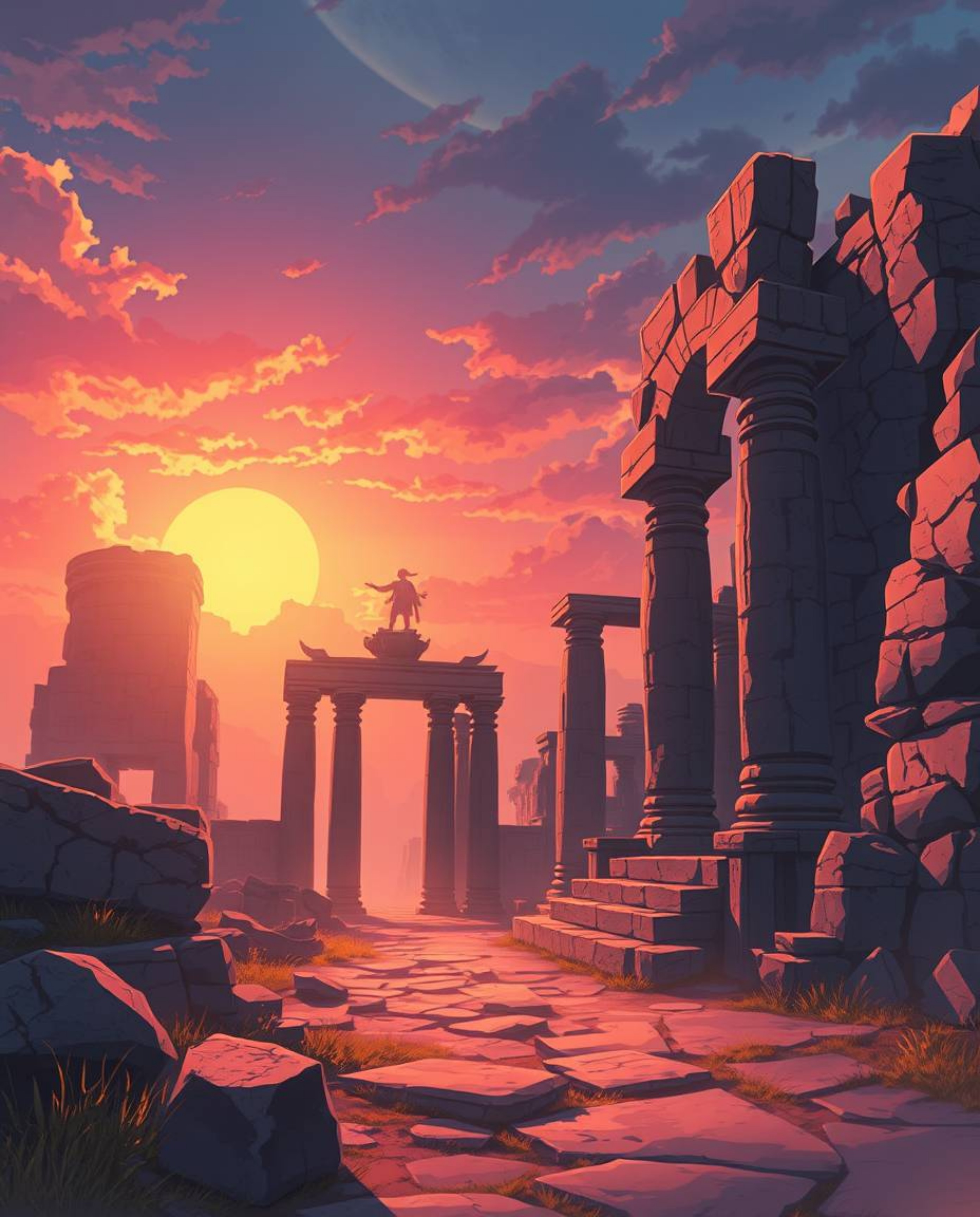An Isekai anime style illustration captures ancient stone ruins at sunset. The artwork is defined by its expressive compositi