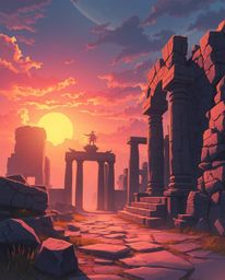 An Isekai anime style illustration captures ancient stone ruins at sunset. The artwork is defined by its expressive compositi