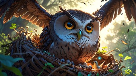 In a beautifully vibrant scene that merges the styles of Pixar and anime, a wise blind owl is captured mid-air, teaching othe