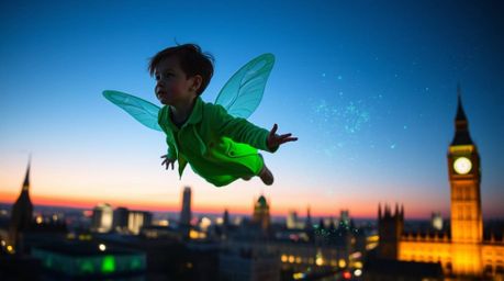 A young boy soars above London, powered by pixie dust that emits a mesmerizing, split glow of bioluminescent colors. The vibr