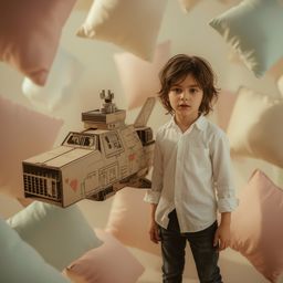 Immerse yourself in a stunning Pixar-style scene showcasing a young boy with bright, curious eyes and tousled brown hair, dre