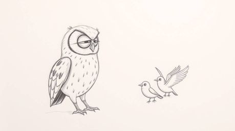 A heartwarming hand-drawn sketch in the style of Pixar depicts a wise blind owl patiently teaching a group of birds to fly.  