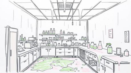 A hand-drawn sketch of a slime-covered science lab rendered in soft pastel colors, showcases rough lines and textured pencil 
