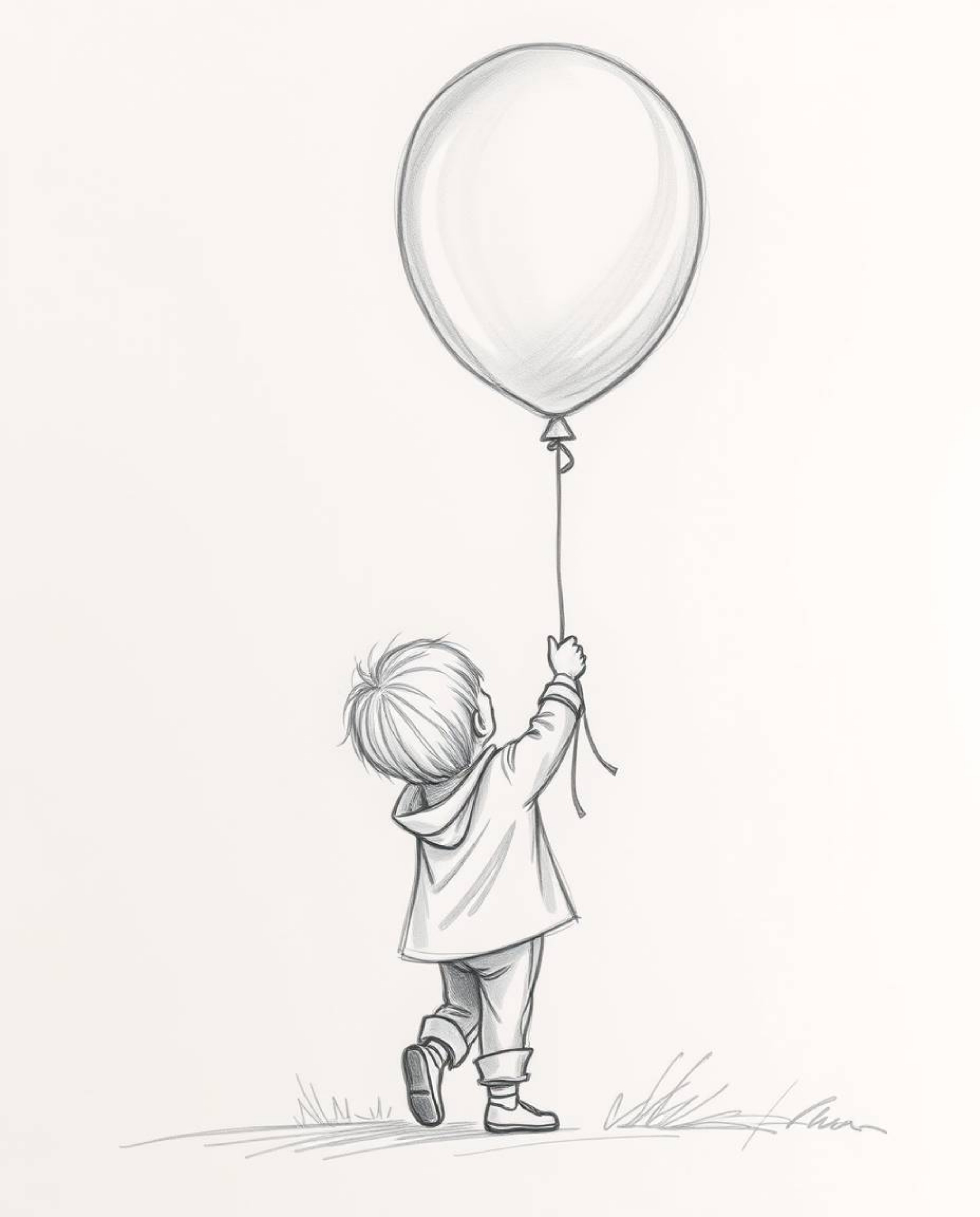 A captivating hand-drawn sketch depicting a child holding a balloon, imbued with a soft cinematic haze and textured pencil st