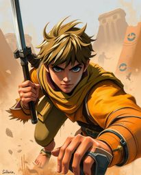 A digitally sketched illustration depicts a brave hero in a Disney-style desert adventure.  The close-up showcases painterly 